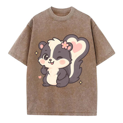 fluffy skunk with heart-shaped tail pattern, one paw up showing sass - Vintage T-shirt - Brown