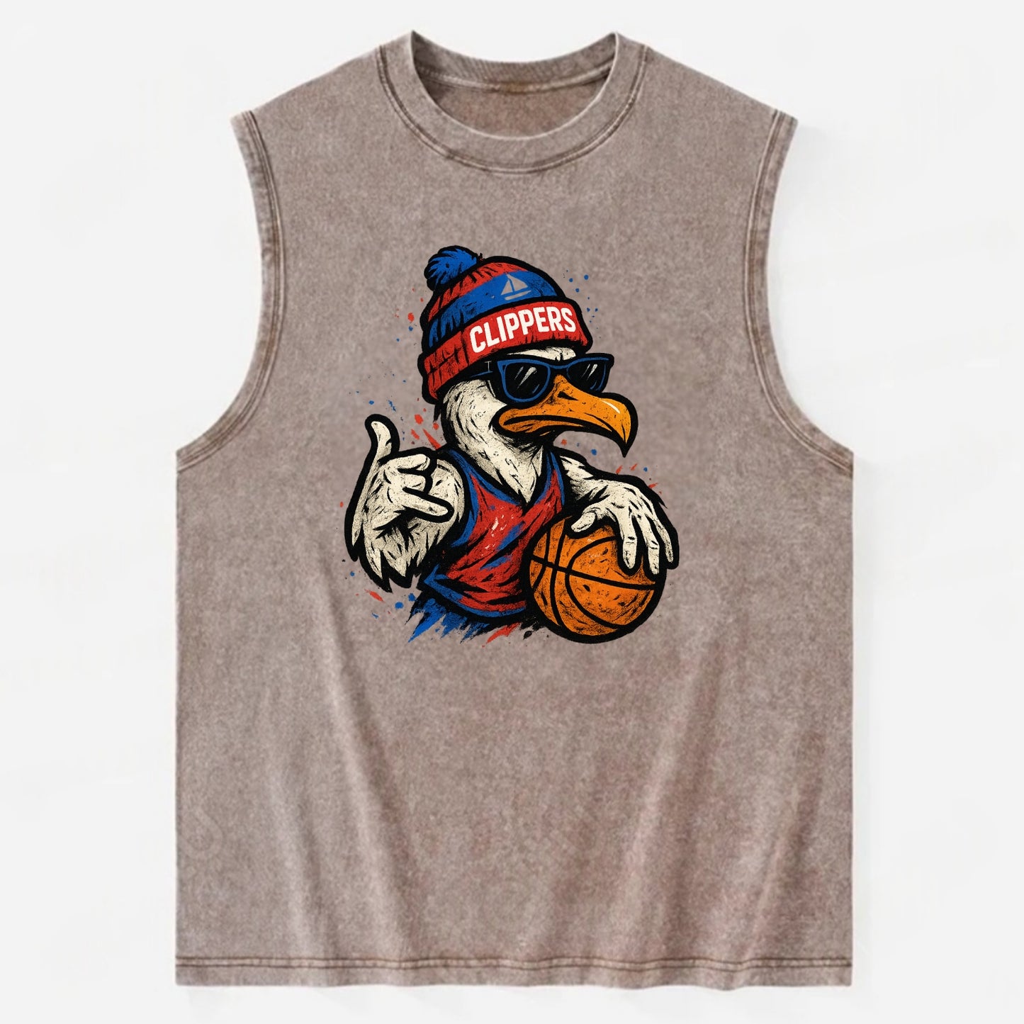 LA Seagull wearing Clippers red white and blue beanie with ship patch and - Vintage Washed Tank - Brown
