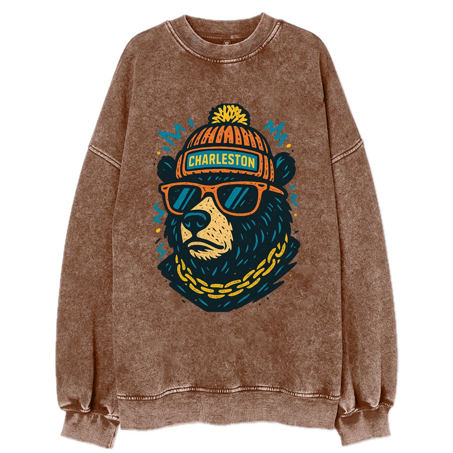 West Virginia Black Bear wearing Charleston beanie with pom pom and wayfarer - Vintage Sweatshirt - Brown