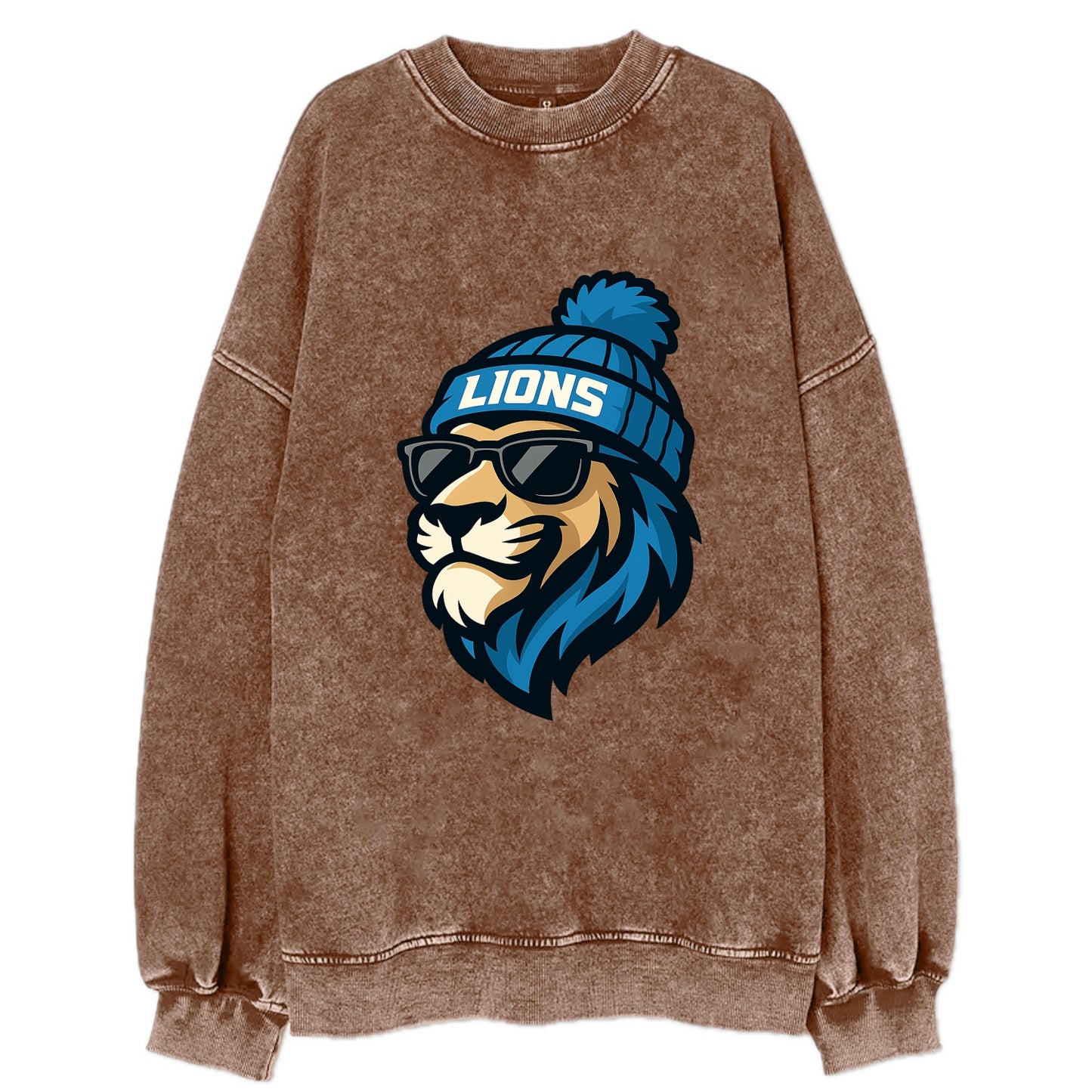 Detroit Lion wearing Lions Honolulu blue and silver beanie with pom pom and - Vintage Sweatshirt - Brown