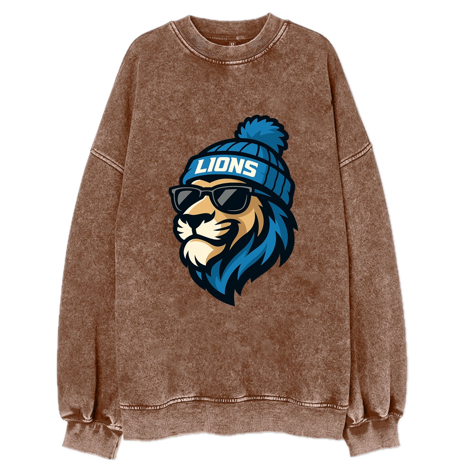 Detroit Lion wearing Lions Honolulu blue and silver beanie with pom pom and - Vintage Sweatshirt - Brown