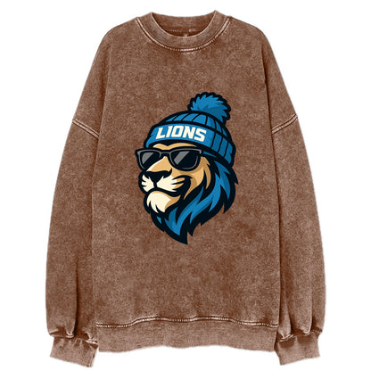 Detroit Lion wearing Lions Honolulu blue and silver beanie with pom pom and - Vintage Sweatshirt - Brown