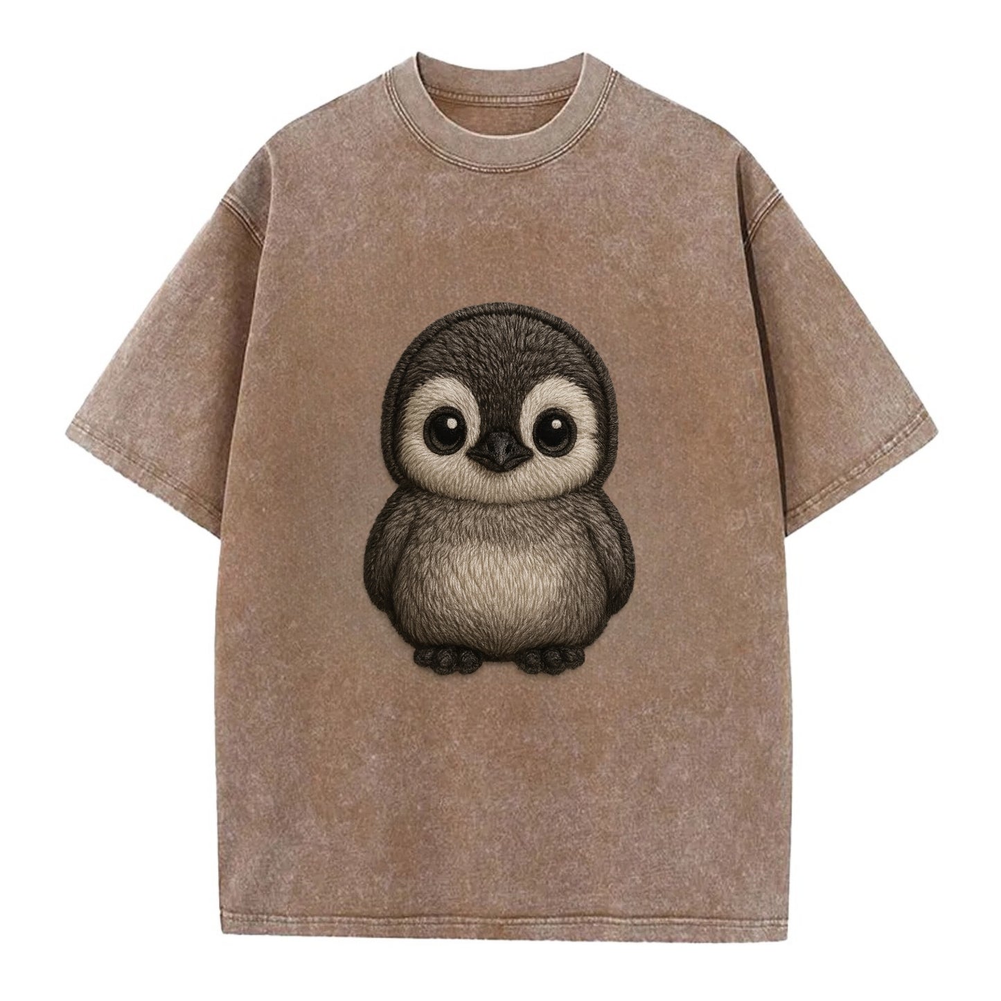 Baby Penguin Chick - gray fluffy, white face, round body, front-facing, tuxedo - Vintage T-shirt - Brown