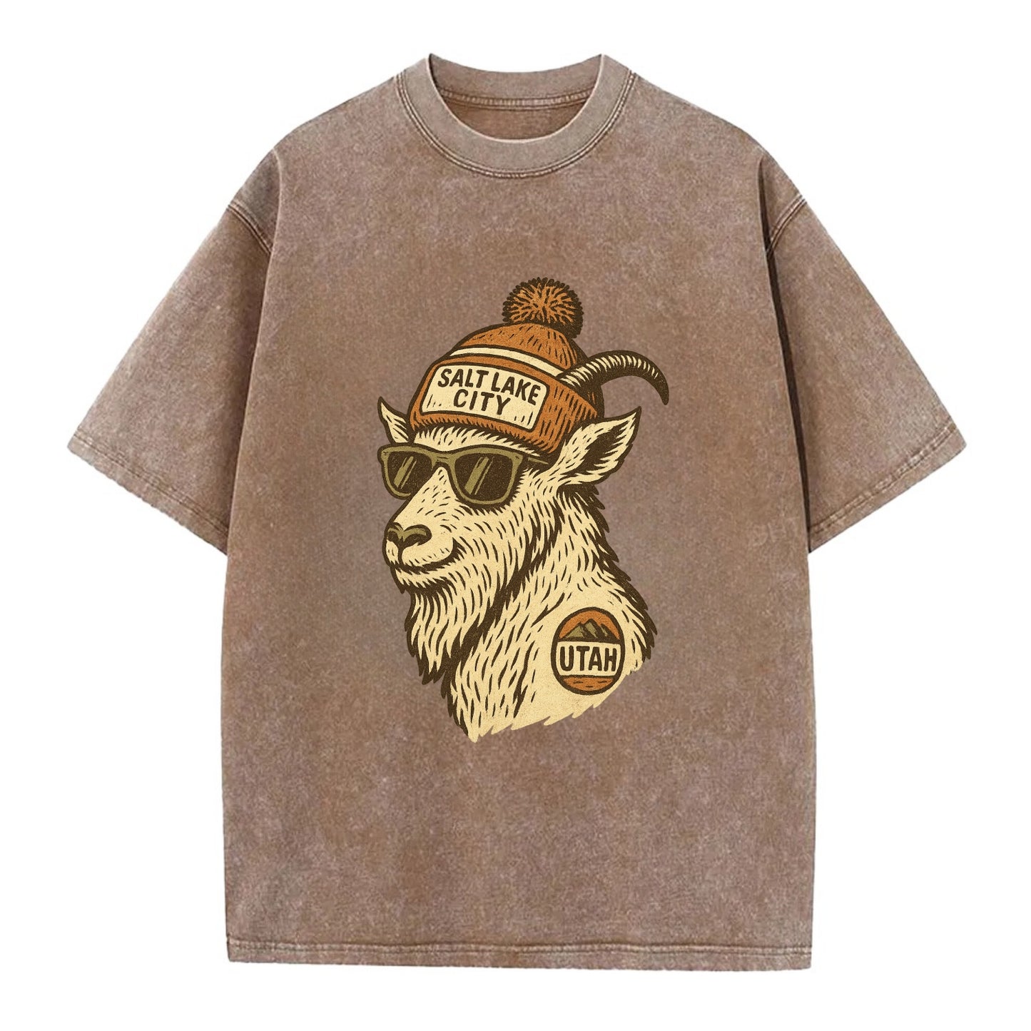 Utah Mountain Goat wearing Salt Lake City beanie with pom pom and wayfarer - Vintage T-shirt - Brown