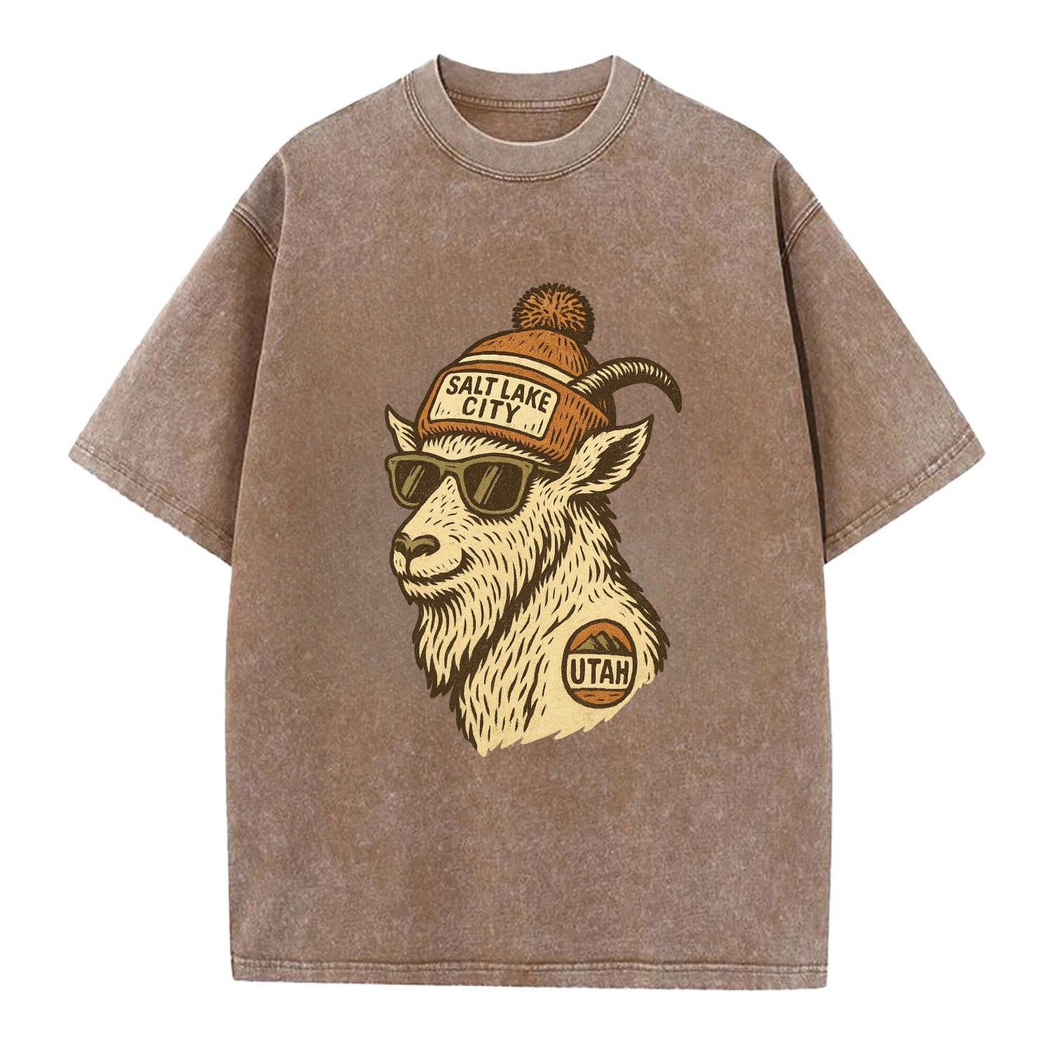 Utah Mountain Goat wearing Salt Lake City beanie with pom pom and wayfarer - Vintage T-shirt - Brown