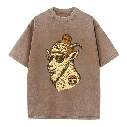 Utah Mountain Goat wearing Salt Lake City beanie with pom pom and wayfarer - Vintage T-shirt - Brown