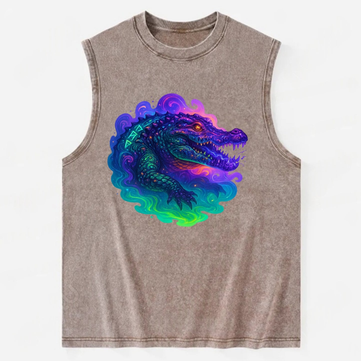 Primordial crocodile with scales pulsing plasma energy in green and purple, - Vintage Washed Tank - Brown