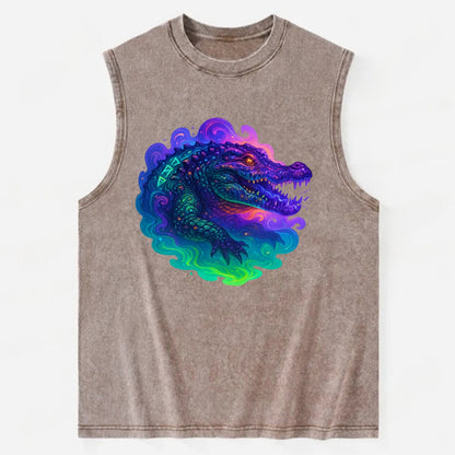 Primordial crocodile with scales pulsing plasma energy in green and purple, - Vintage Washed Tank - Brown