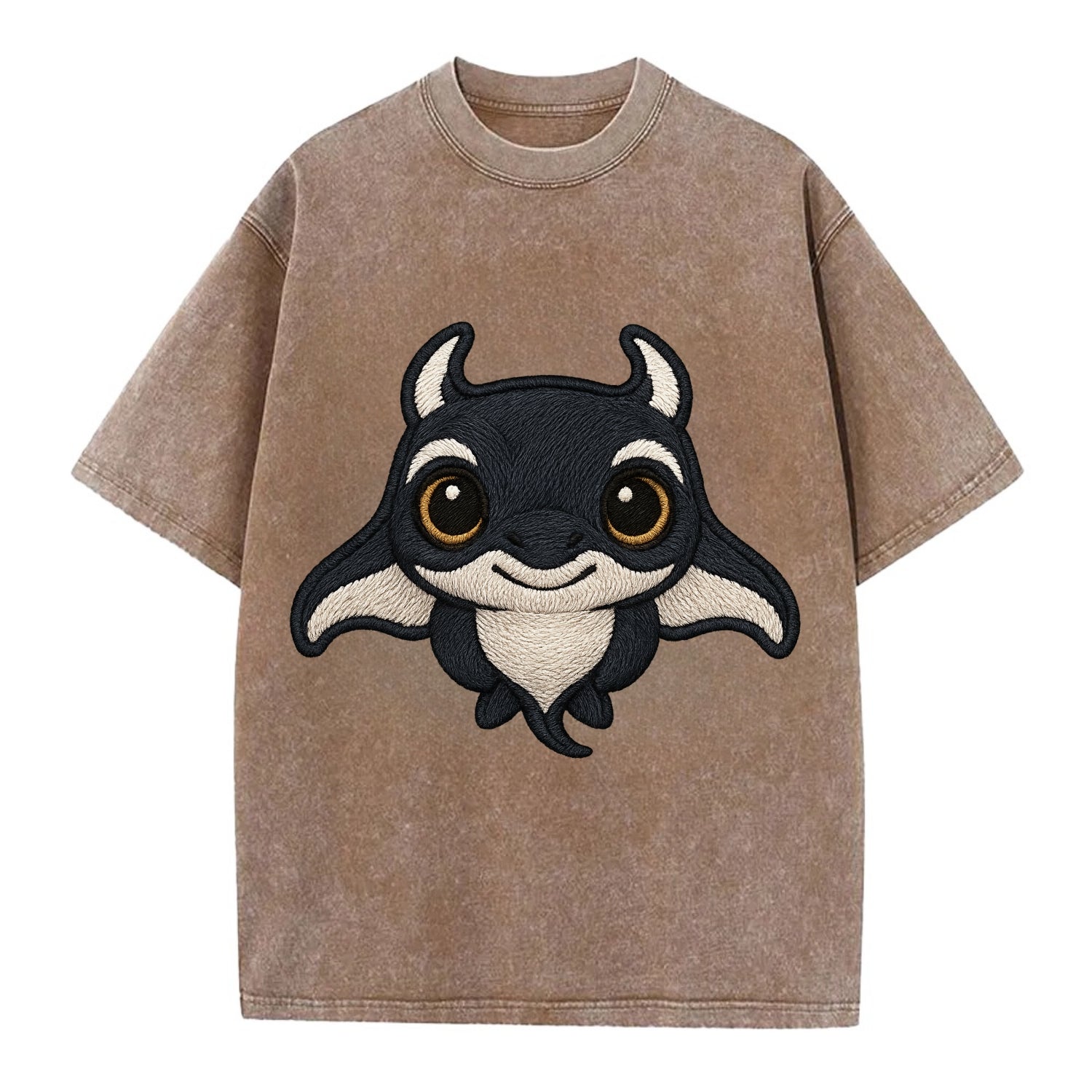 Baby Manta Ray - dark with white markings, cephalic fins, gentle eyes, - Vintage T-shirt - Brown