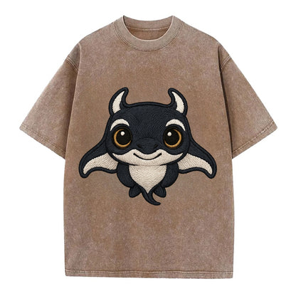 Baby Manta Ray - dark with white markings, cephalic fins, gentle eyes, - Vintage T-shirt - Brown
