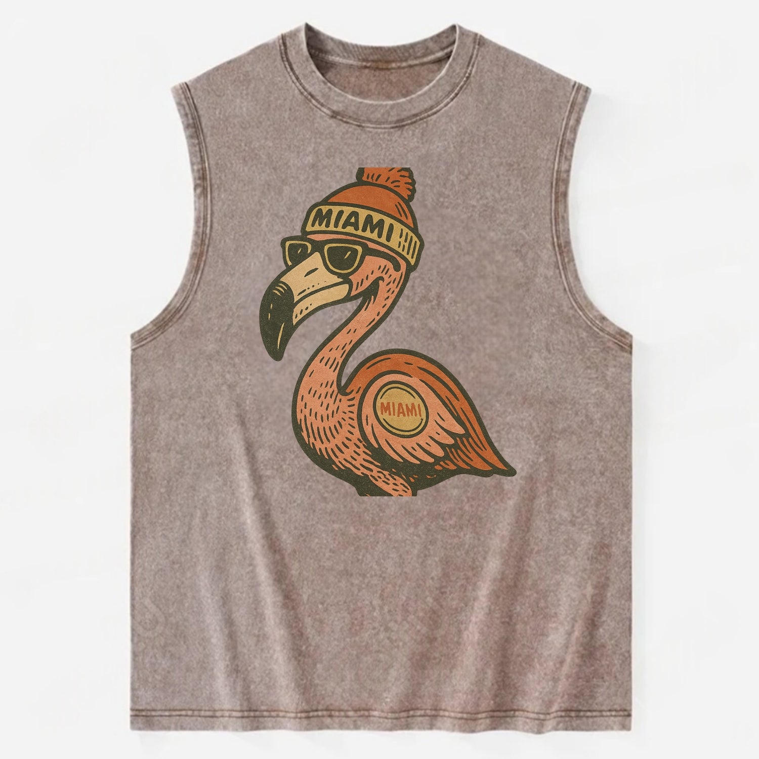 Miami Flamingo wearing Miami beanie with pom pom and wayfarer sunglasses - Vintage Washed Tank - Brown