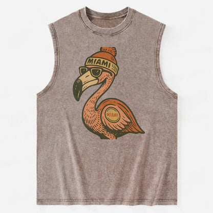 Miami Flamingo wearing Miami beanie with pom pom and wayfarer sunglasses - Vintage Washed Tank - Brown