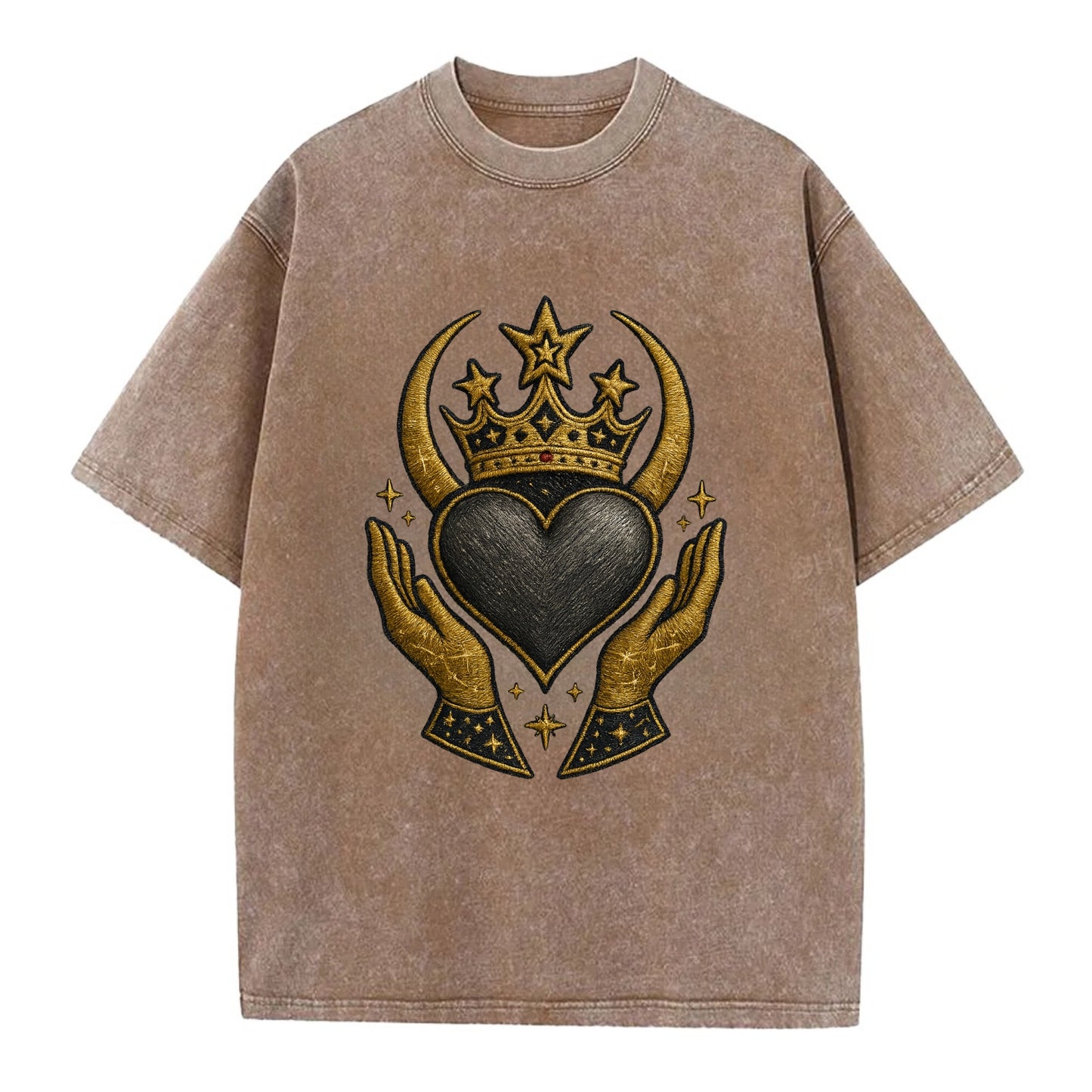 Celtic knot crown with woven strands merging into copper hands shielding a pewter - Vintage T-shirt - Brown