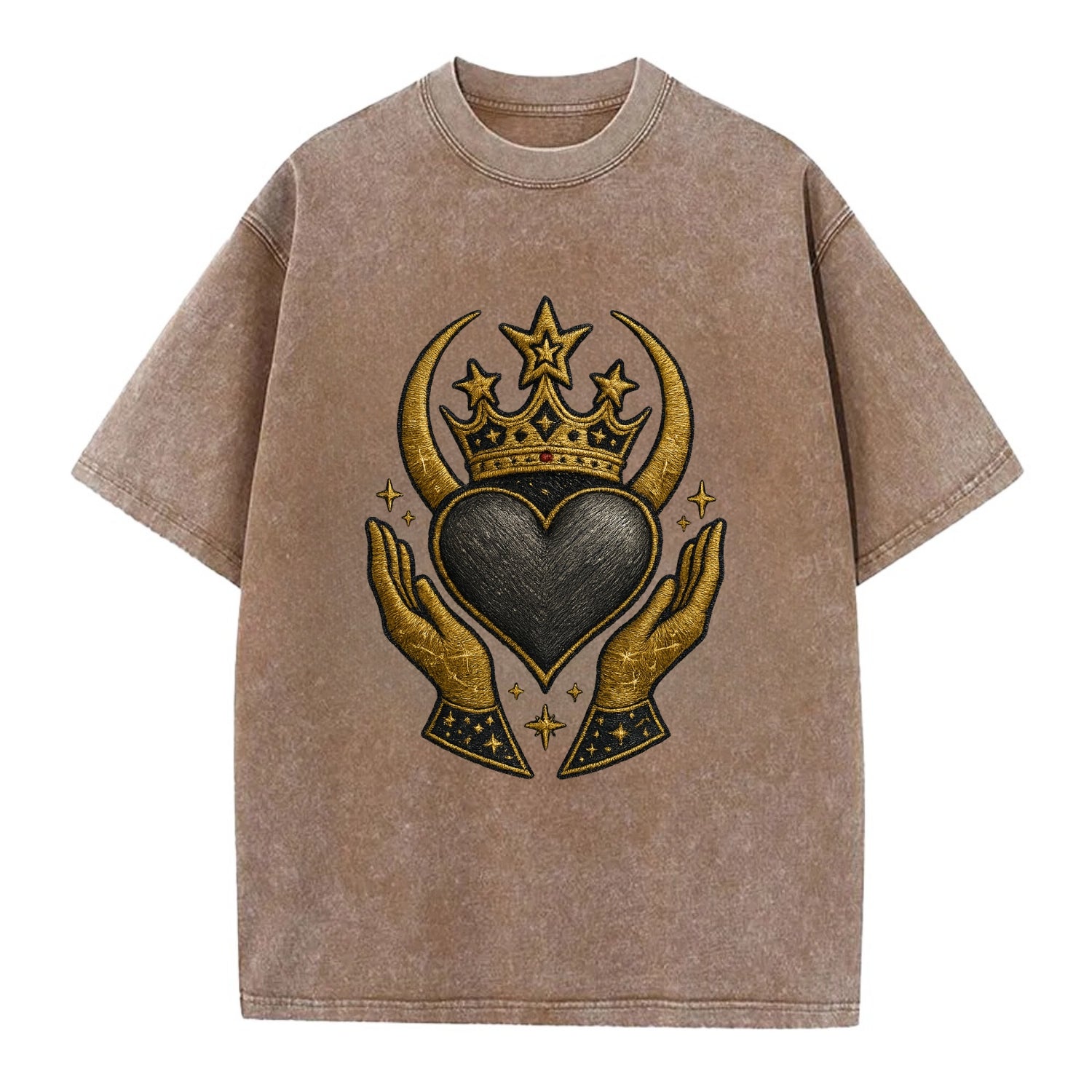Celtic knot crown with woven strands merging into copper hands shielding a pewter - Vintage T-shirt - Brown