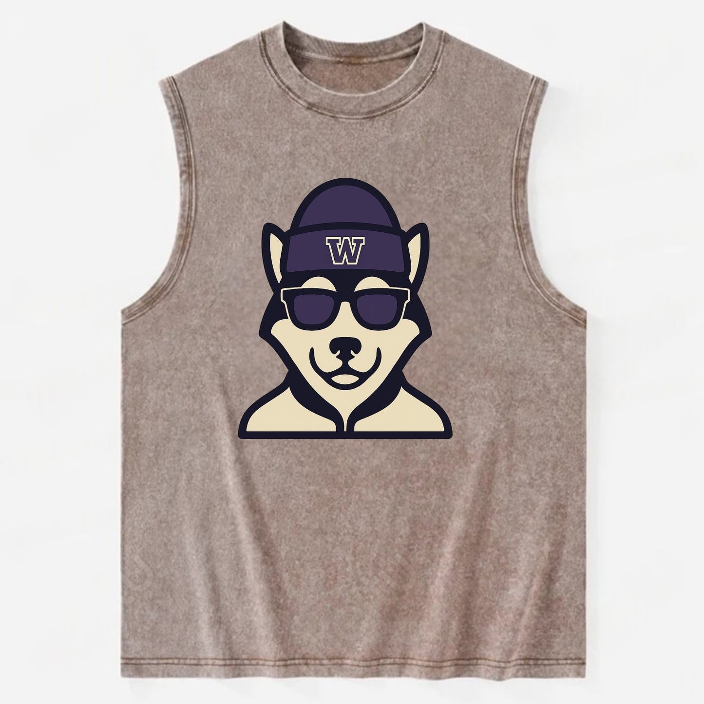 Seattle Husky wearing Washington beanie with W patch - Vintage Washed Tank - Brown