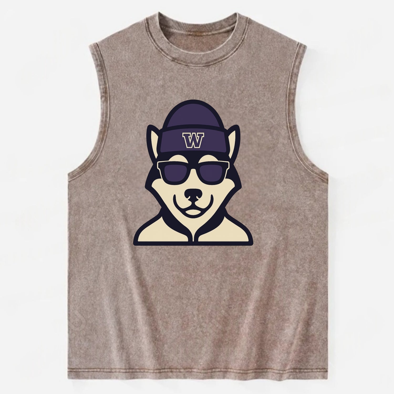 Seattle Husky wearing Washington beanie with W patch - Vintage Washed Tank - Brown