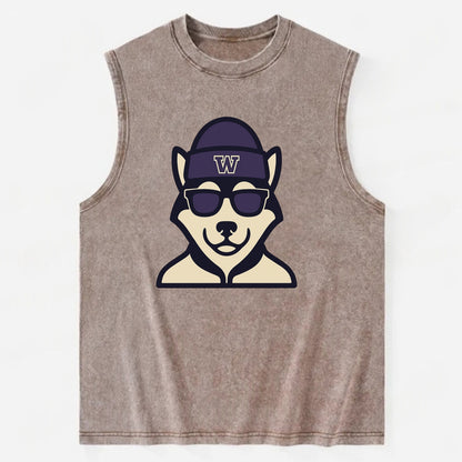 Seattle Husky wearing Washington beanie with W patch - Vintage Washed Tank - Brown