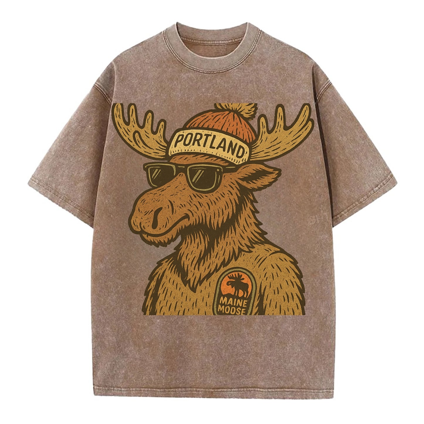 Maine Moose wearing Portland beanie with pom pom and wayfarer sunglasses - Vintage T-shirt - Brown