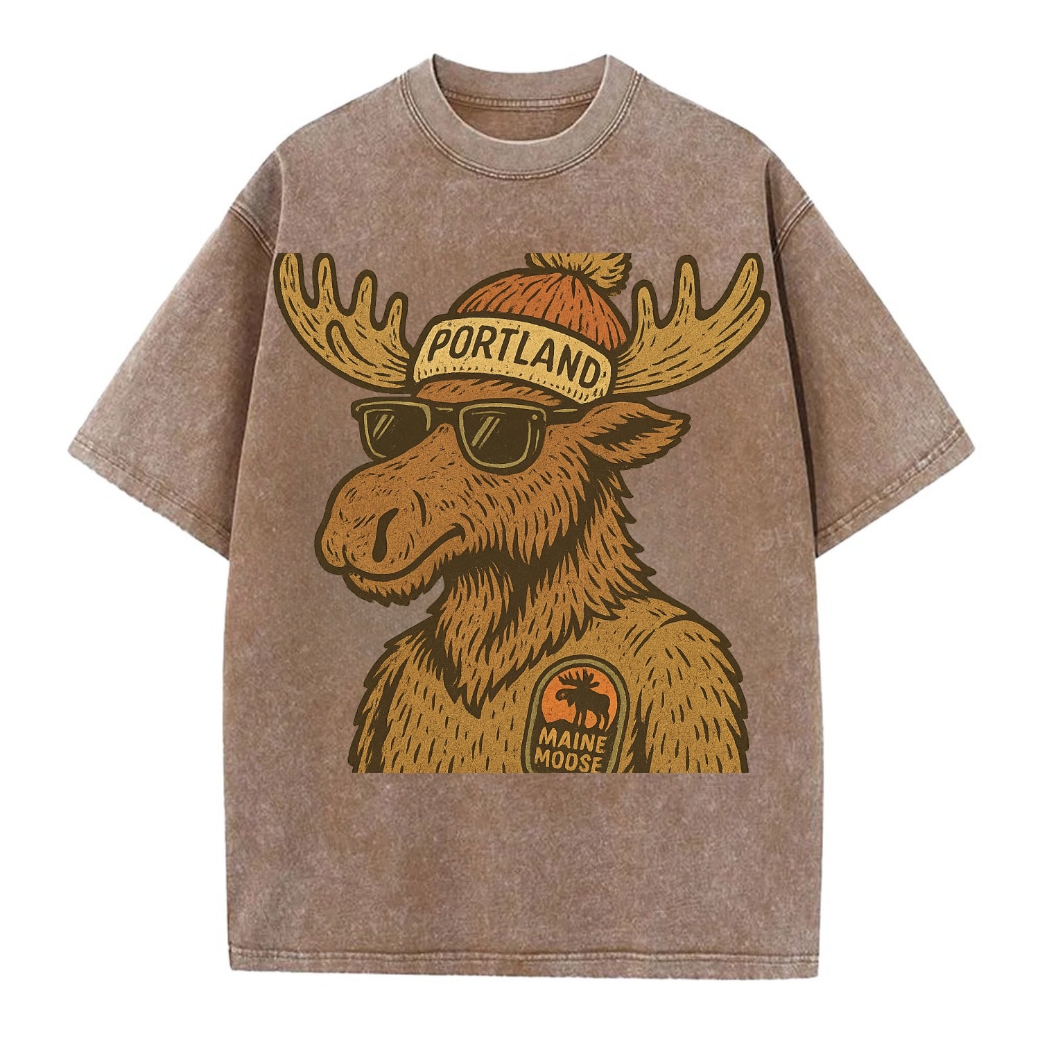 Maine Moose wearing Portland beanie with pom pom and wayfarer sunglasses - Vintage T-shirt - Brown