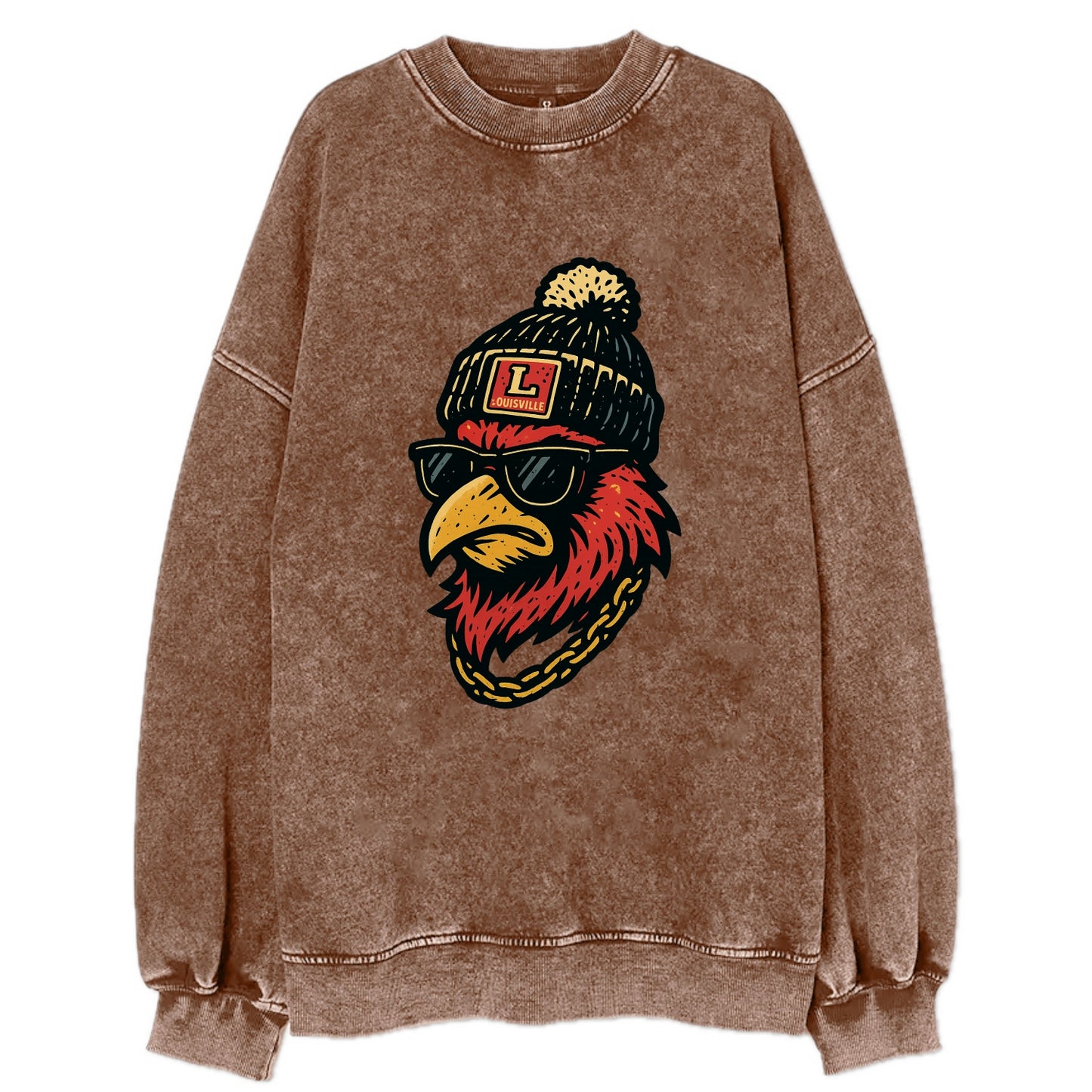 Louisville Cardinal wearing Louisville beanie with L patch - Vintage Sweatshirt - Brown