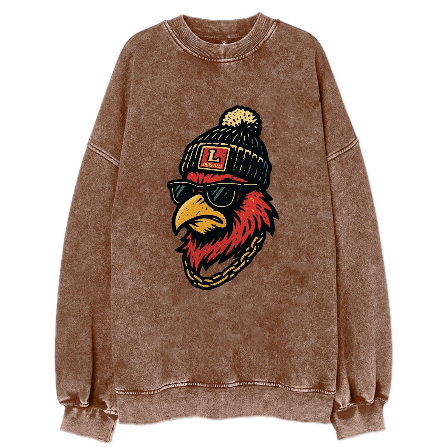 Louisville Cardinal wearing Louisville beanie with L patch - Vintage Sweatshirt - Brown