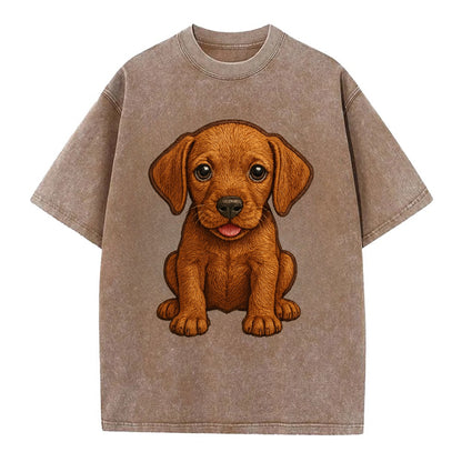 Baby Vizsla Puppy - golden rust coat, soulful eyes, athletic build, front-facing, - Vintage T-shirt - Brown