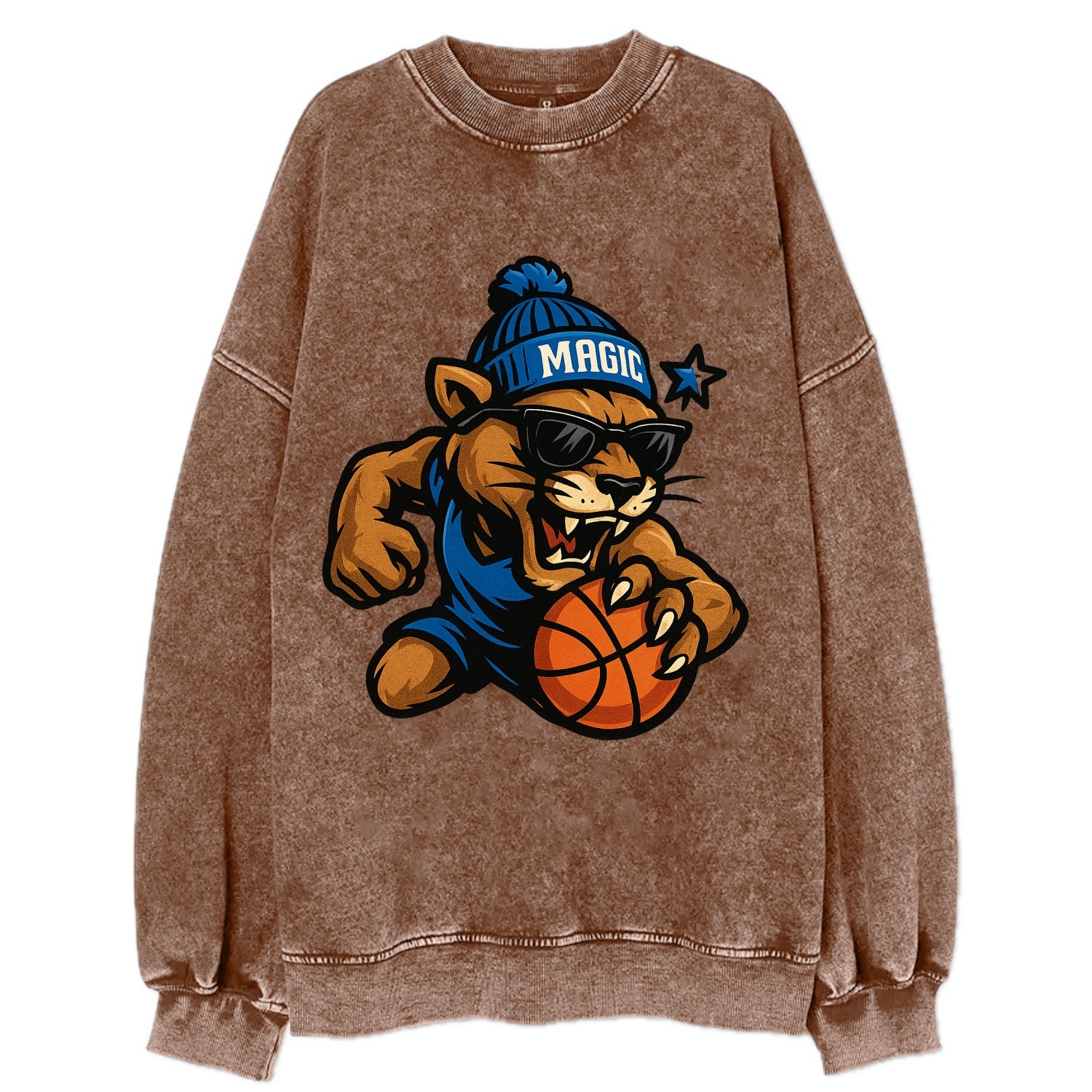 Florida Panther wearing Magic beanie with star wand patch and wayfarer - Vintage Sweatshirt - Brown
