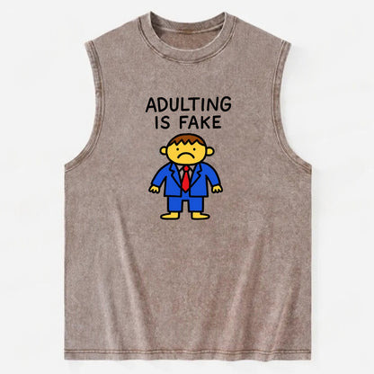 ADULTING IS FAKE | Child in suit pretending - Vintage Washed Tank - Brown
