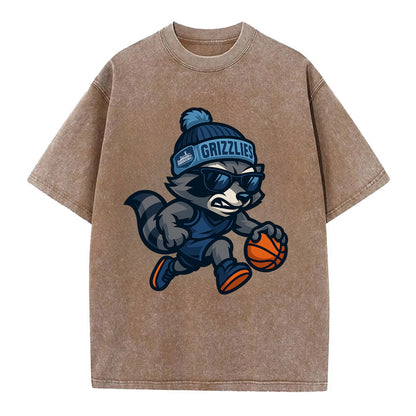 Memphis Raccoon wearing Grizzlies beanie with riverboat patch and wayfarer - Vintage T-shirt - Brown