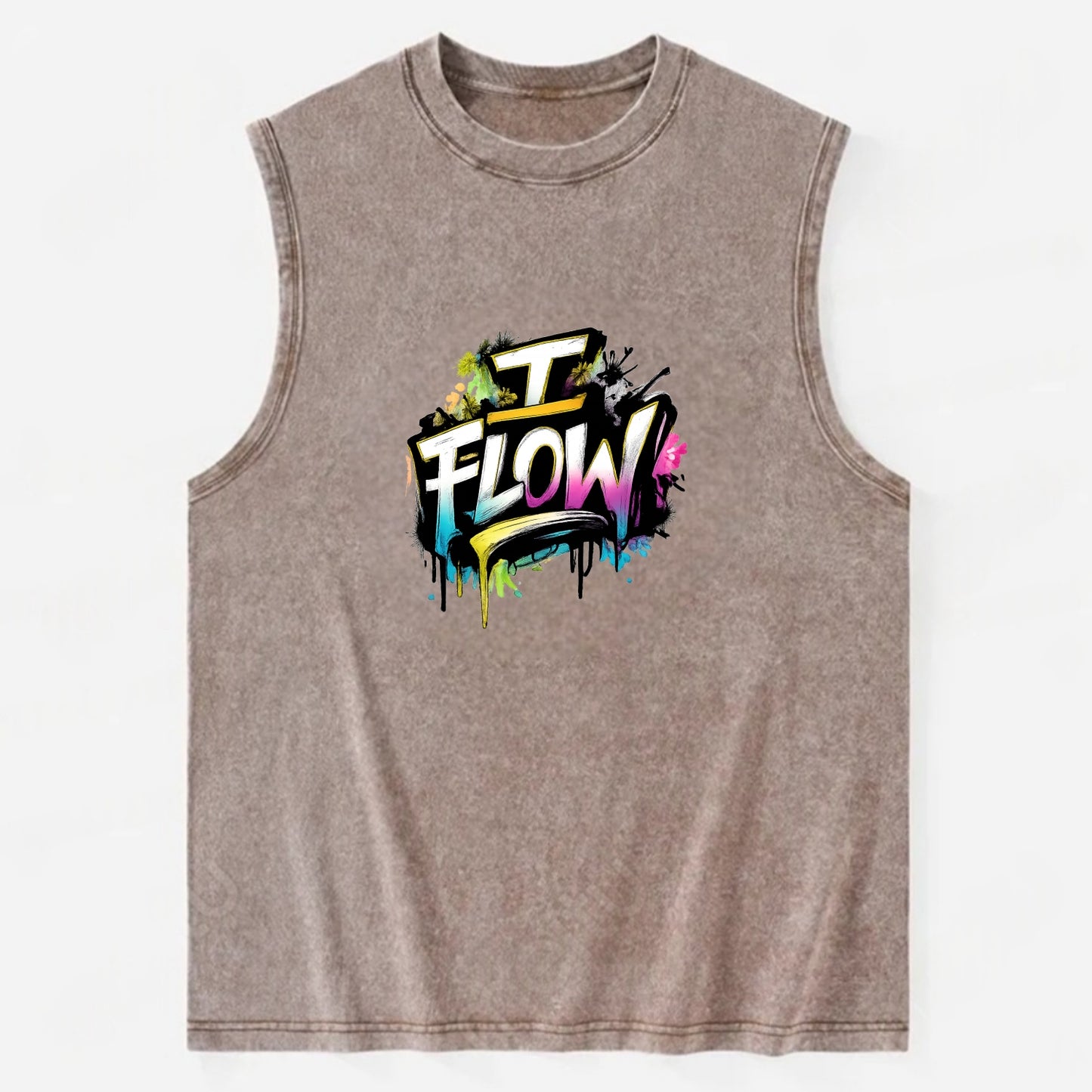 Bold typography design - "I FLOW" - going with life, easy movement - Vintage Washed Tank - Brown
