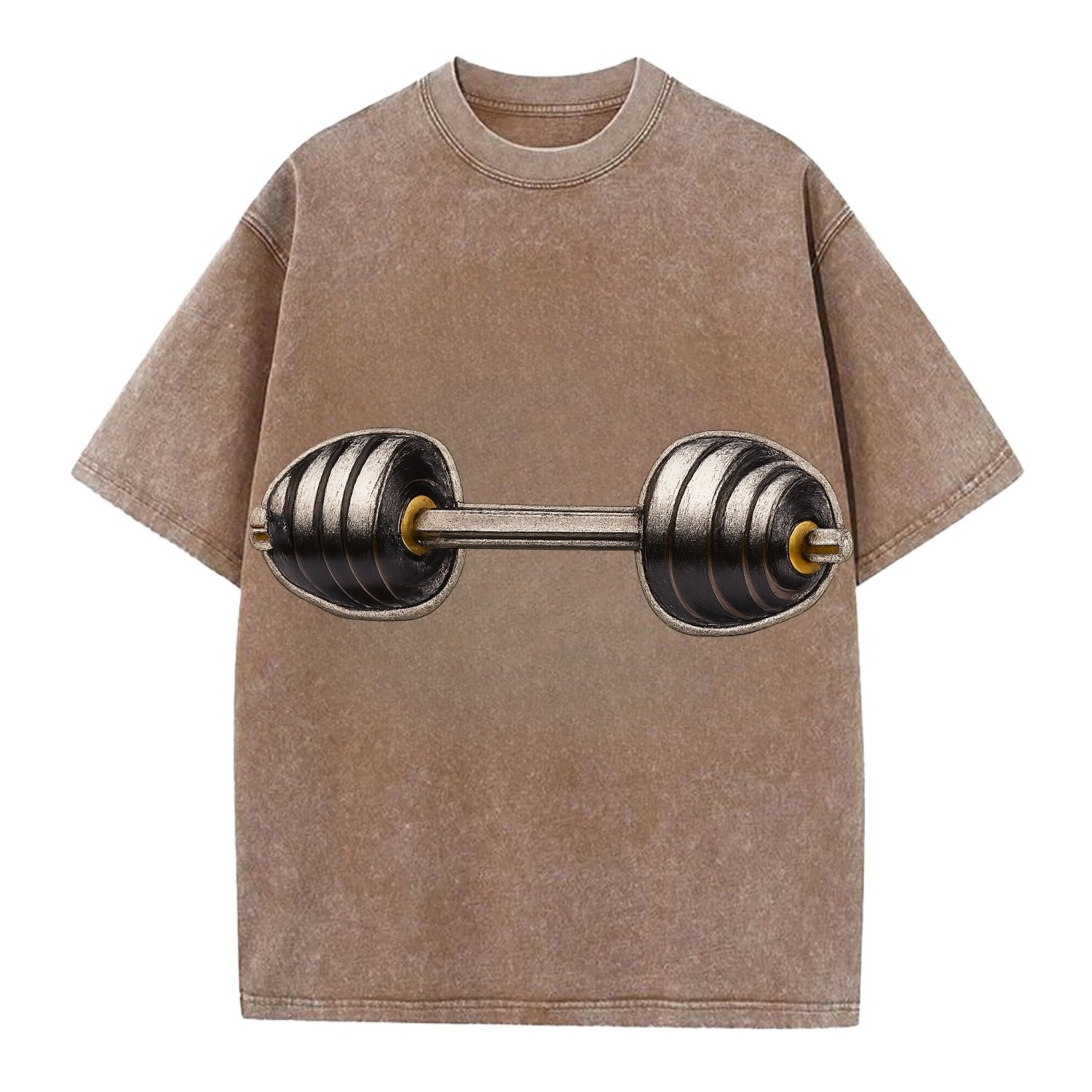 Embroidered patch design - WEIGHTLIFTING BARBELL - heavy barbell with plates in - Vintage T-shirt - Brown