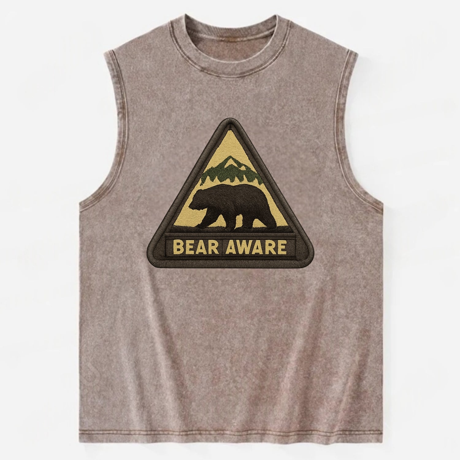 BEAR AWARE - bear silhouette warning in brown and yellow , wilderness safety - Vintage Washed Tank - Brown