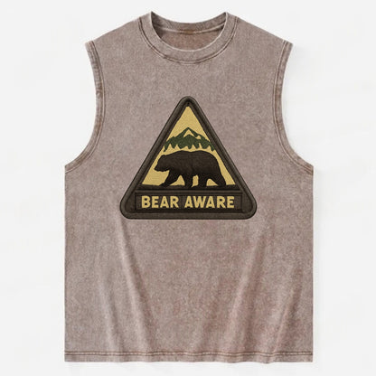 BEAR AWARE - bear silhouette warning in brown and yellow , wilderness safety - Vintage Washed Tank - Brown