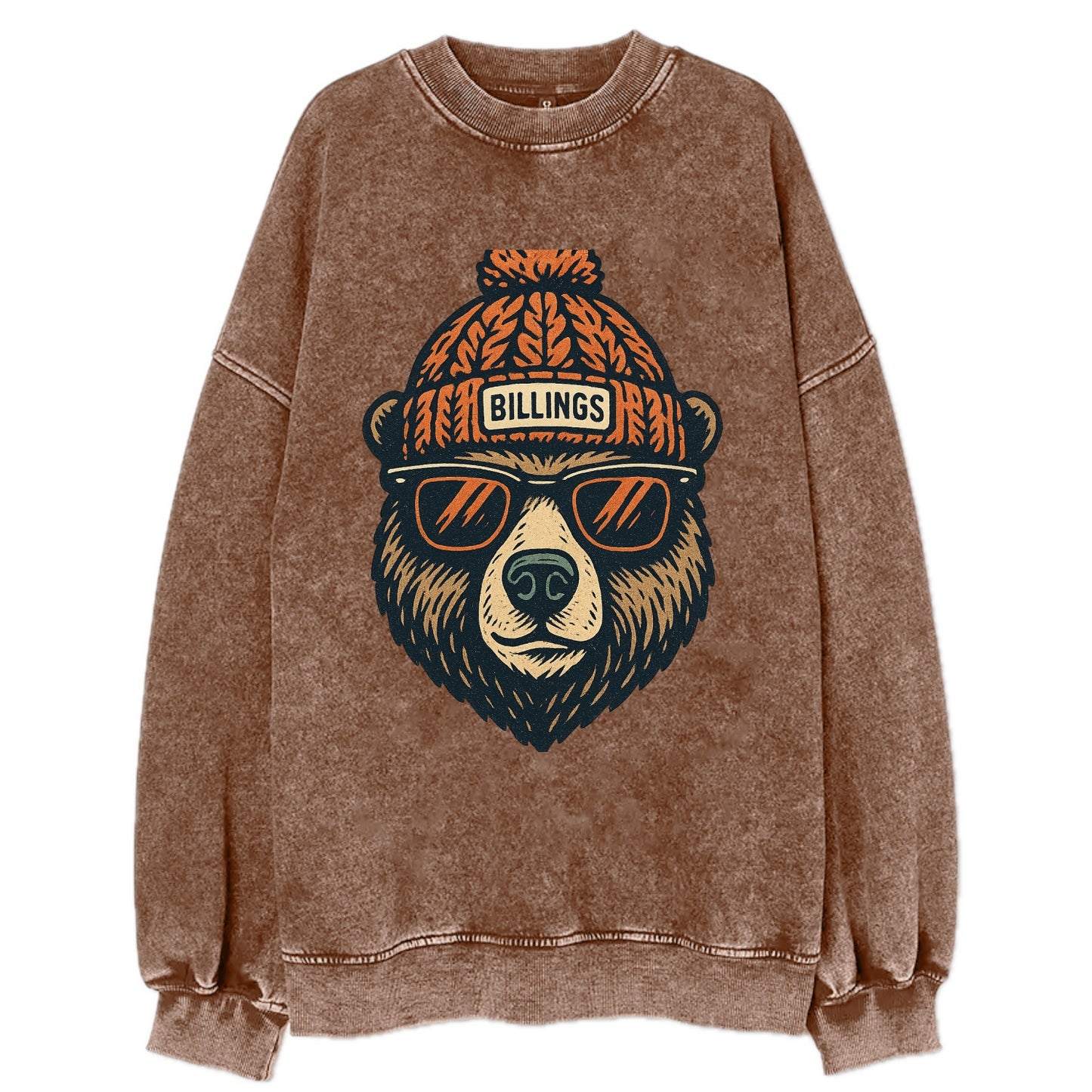 Montana Grizzly Bear wearing Billings beanie with pom pom and wayfarer - Vintage Sweatshirt - Brown