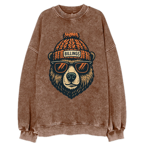 Montana Grizzly Bear wearing Billings beanie with pom pom and wayfarer - Vintage Sweatshirt