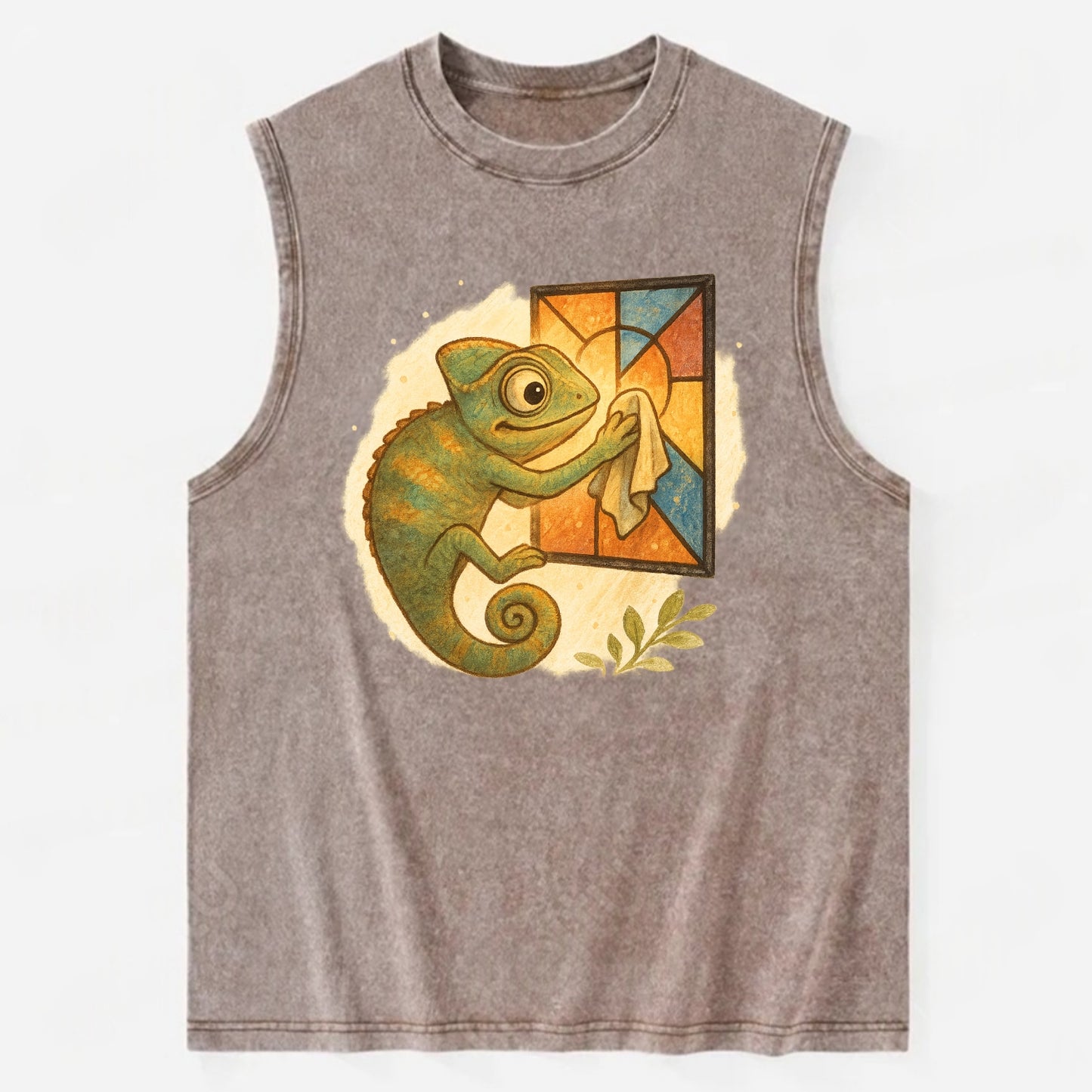 Chameleon blending into a stained-glass window it is polishing with delicate - Vintage Washed Tank - Brown