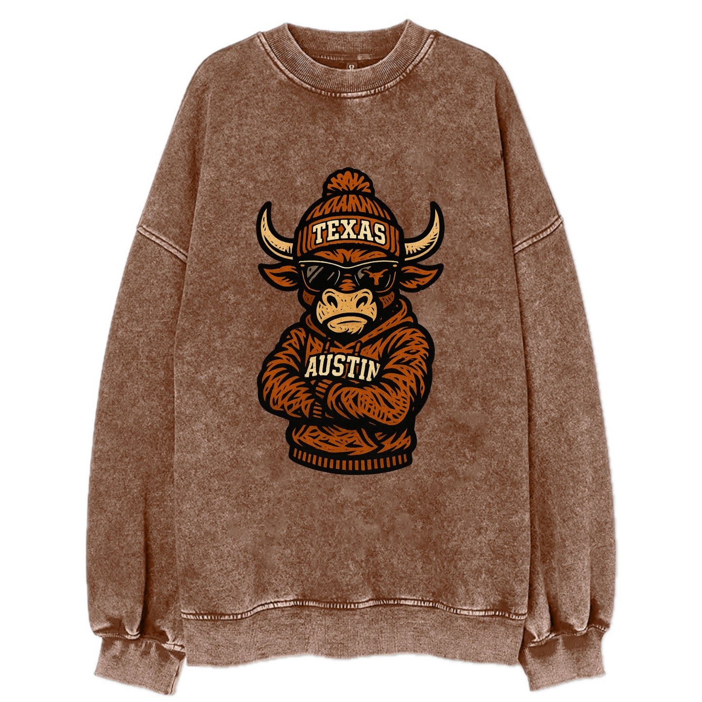 Austin Bevo wearing Texas beanie with longhorn patch - Vintage Sweatshirt - Brown