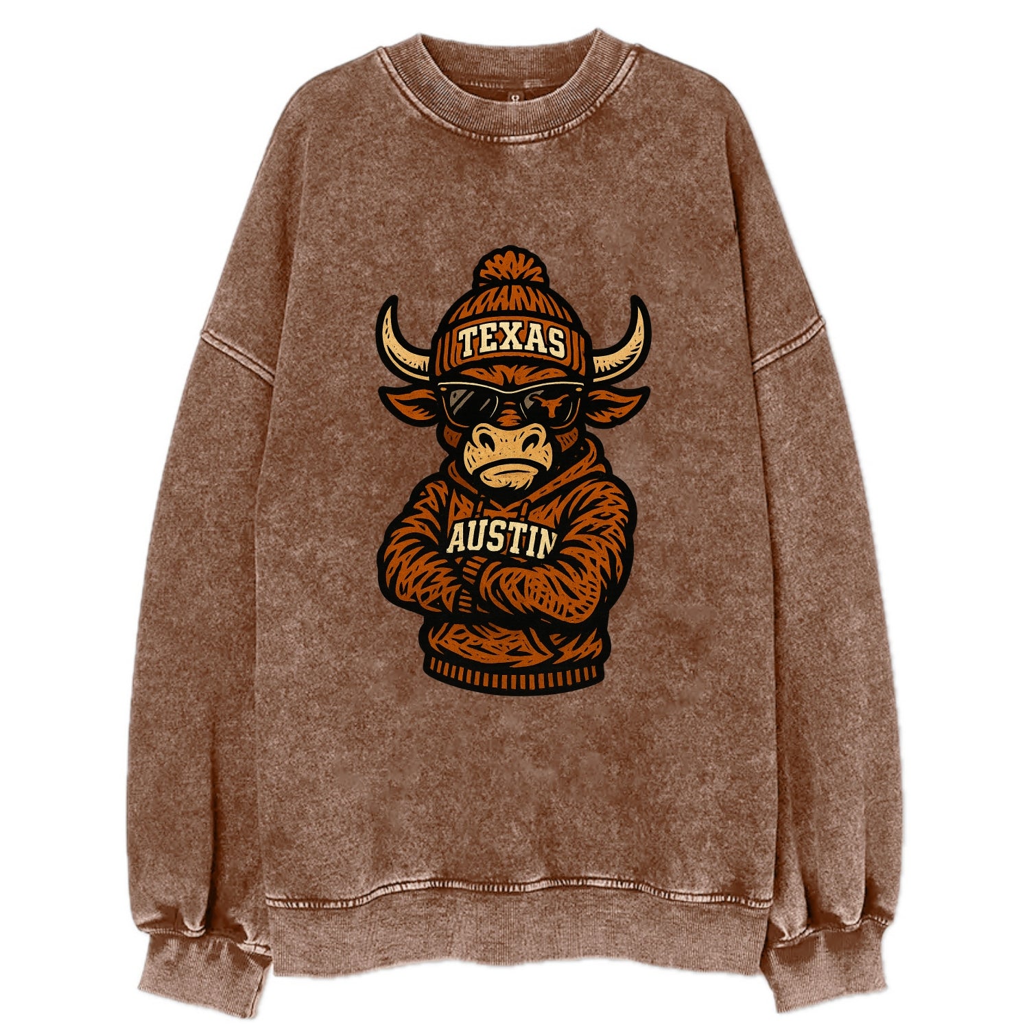 Austin Bevo wearing Texas beanie with longhorn patch - Vintage Sweatshirt - Brown
