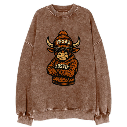 Austin Bevo wearing Texas beanie with longhorn patch - Vintage Sweatshirt - Brown