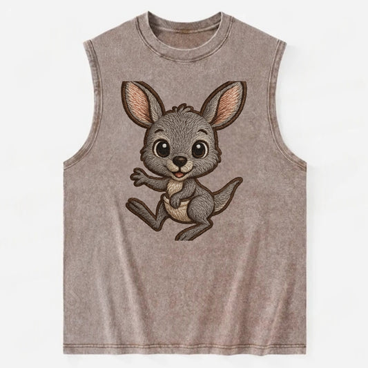 Baby Kangaroo Joey - gray fur, large ears, in pouch peek, bright eyes, - Vintage Washed Tank - Brown