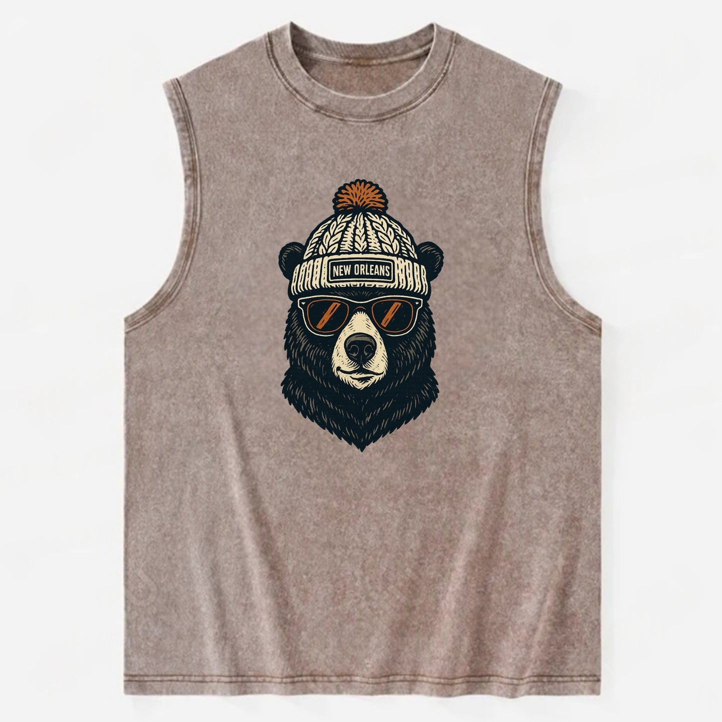 Louisiana Black Bear wearing New Orleans beanie with pom pom and wayfarer - Vintage Washed Tank - Brown