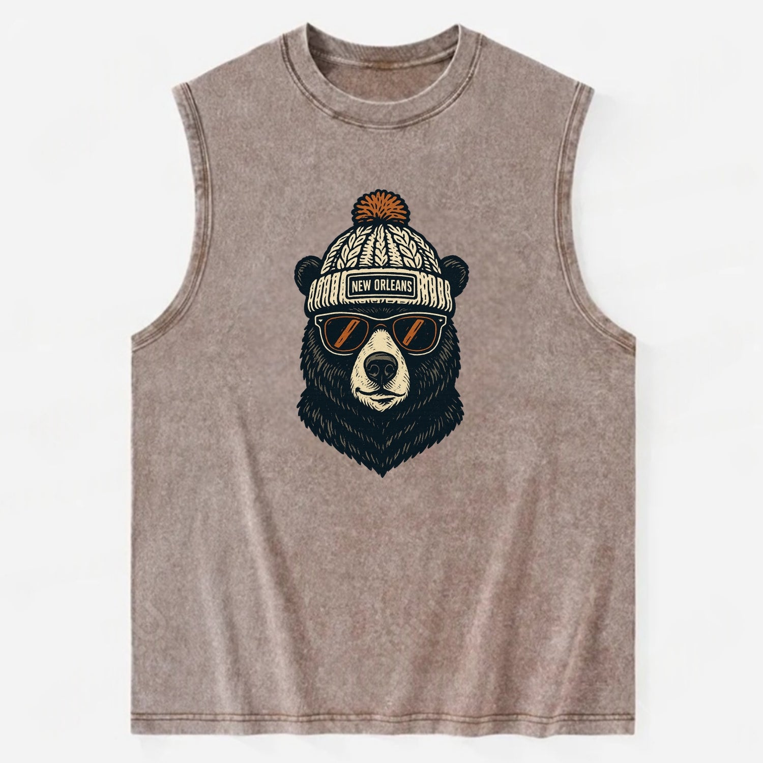 Louisiana Black Bear wearing New Orleans beanie with pom pom and wayfarer - Vintage Washed Tank - Brown
