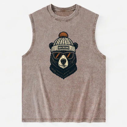 Louisiana Black Bear wearing New Orleans beanie with pom pom and wayfarer - Vintage Washed Tank - Brown