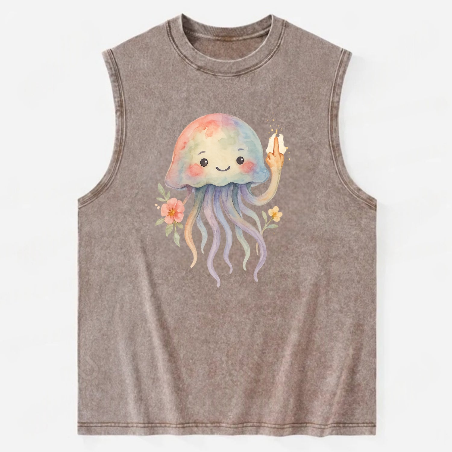jellyfish with kawaii face and tentacles, one tentacle pointing up defiantly - Vintage Washed Tank - Brown