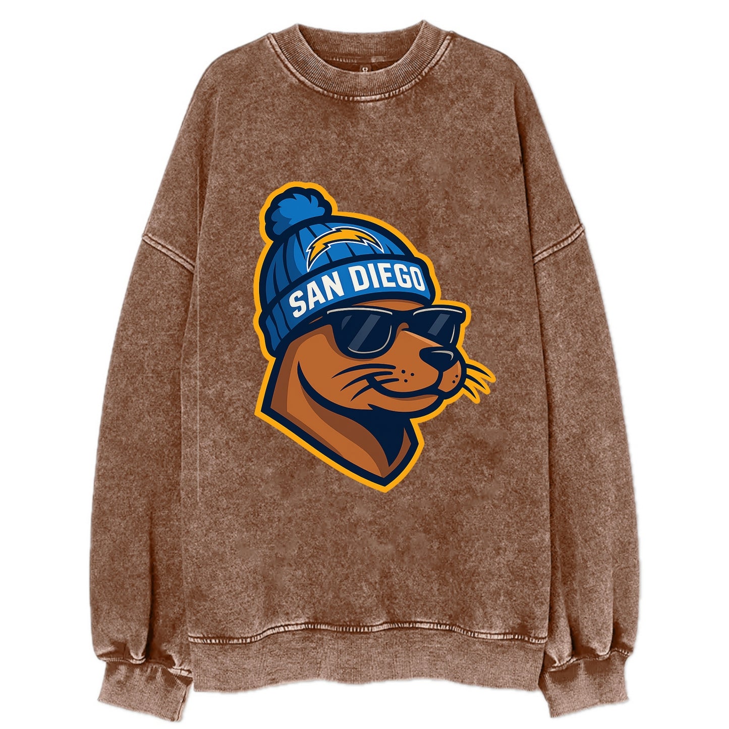 San Diego Sea Lion wearing Chargers beanie with bolt patch and wayfarer - Vintage Sweatshirt - Brown