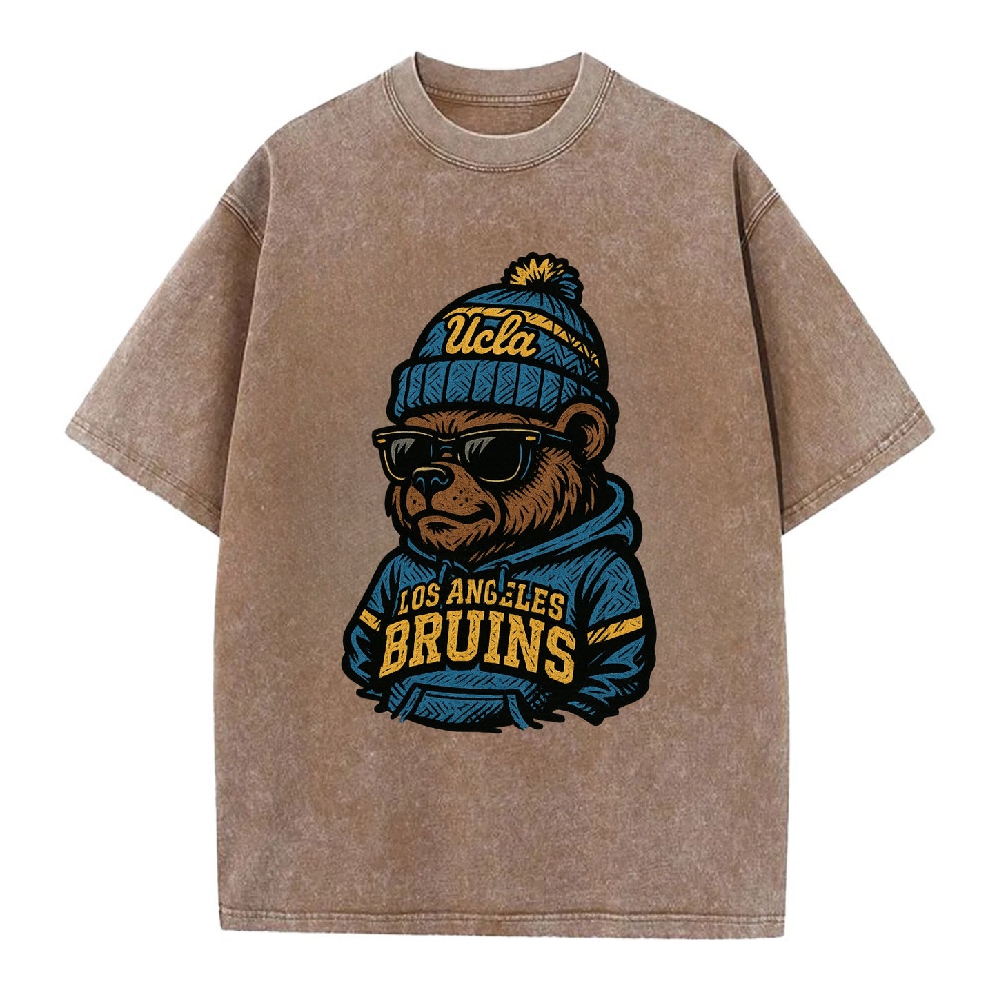 Los Angeles Bruin wearing UCLA beanie with script patch - Vintage T-shirt - Brown
