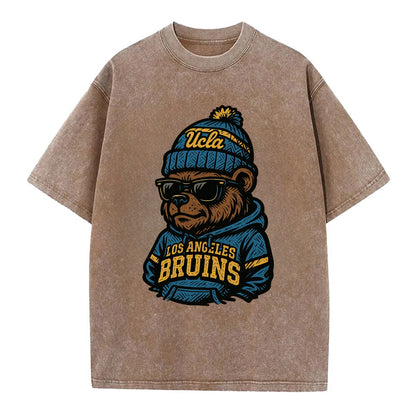 Los Angeles Bruin wearing UCLA beanie with script patch - Vintage T-shirt - Brown