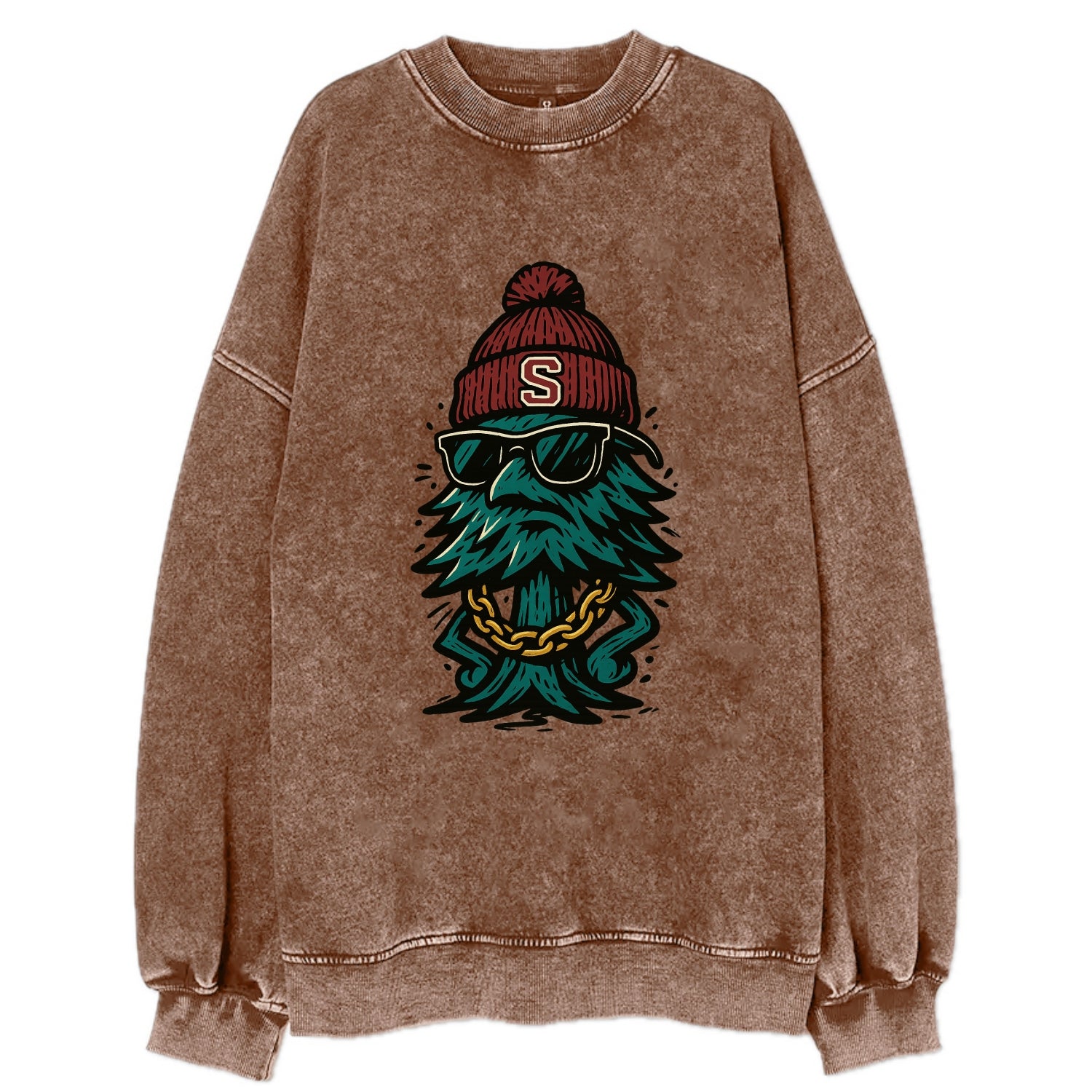 Palo Alto Tree wearing Stanford beanie with S patch - Vintage Sweatshirt - Brown