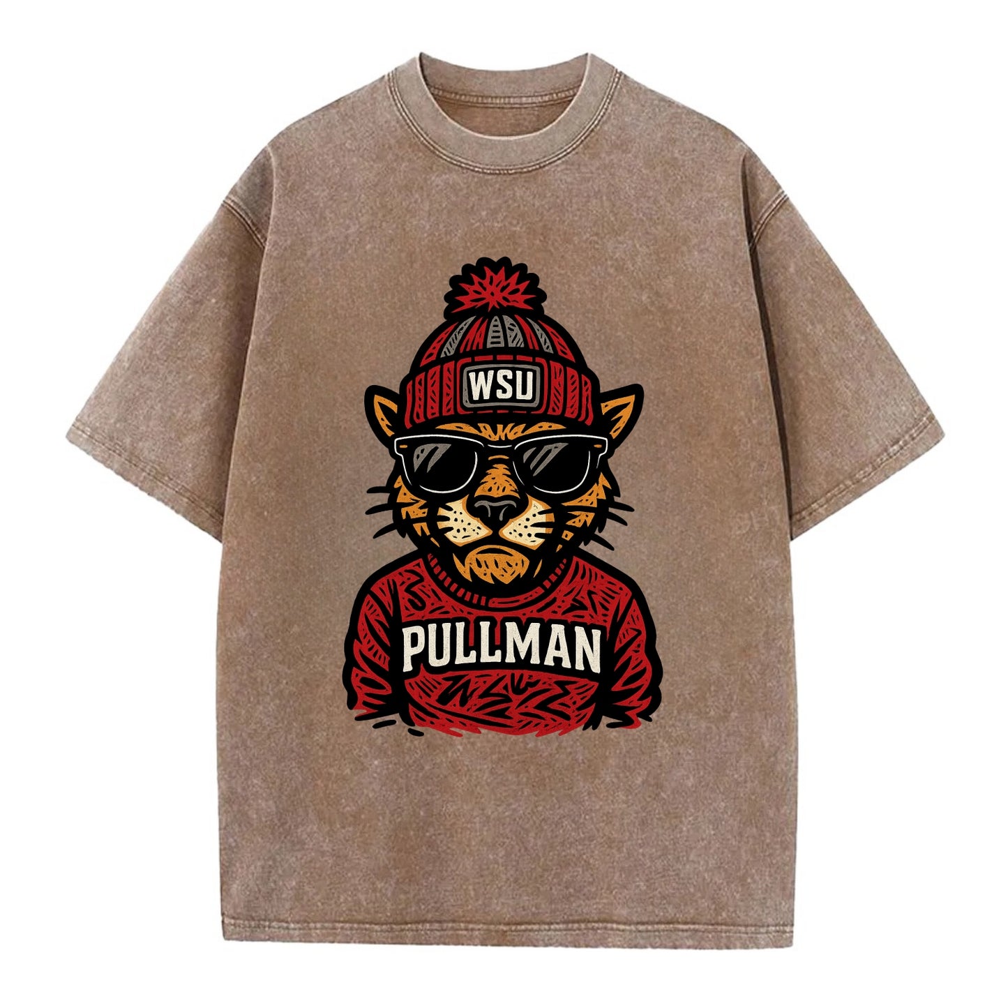 Pullman Cougar wearing Washington State beanie with WSU patch - Vintage T-shirt - Brown