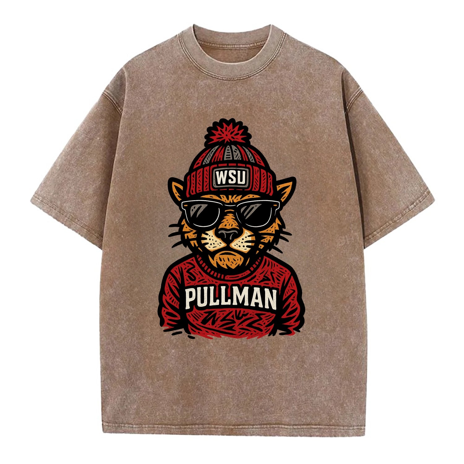 Pullman Cougar wearing Washington State beanie with WSU patch - Vintage T-shirt - Brown